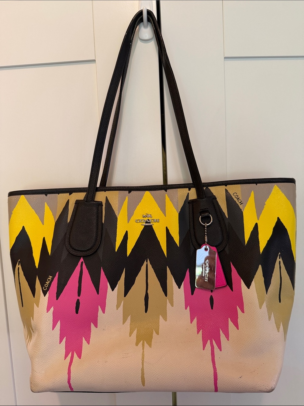 Coach Tote with Pink, Yellow, Black and Tan Paint-Stripe Design